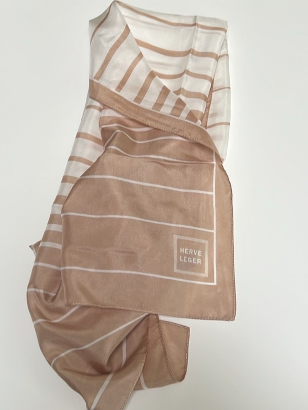 Herve Leger Sheer Striped Scarf‎ in Beige and White 100% Silk